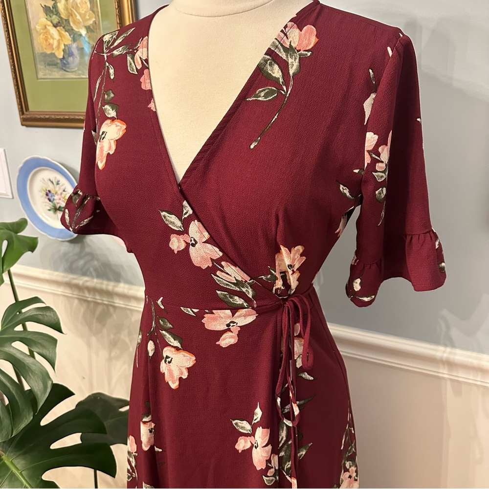 Lulu’s September Sunsets Burgundy Floral Wrap Maxi Dress Small Boho Wedding - Picture 3 of 11